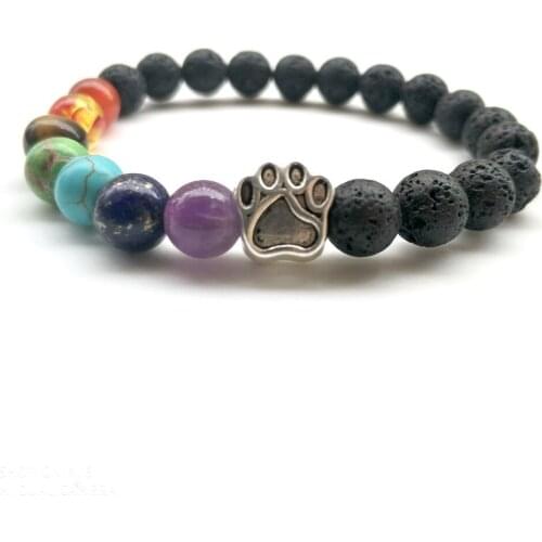 Fashion Dog Paw Natural Seven Chakra Stone 8MM White/BlackLava Stone Beads Bracelets Energy Buddha Beads Yoga Jewelry Women