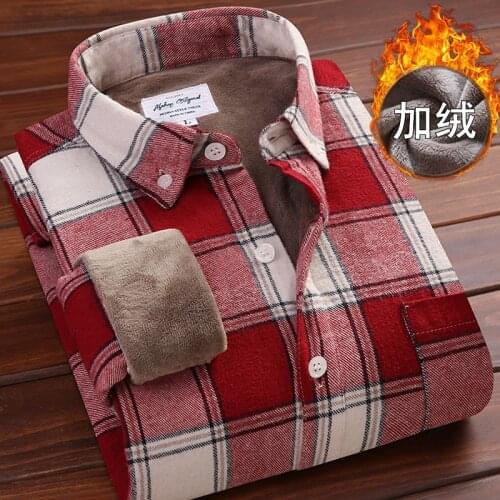 Autumn Winter Lapel Long Sleeve Plush Mens Shirt Outdoors Camping Trekking Travel Hiking Casual Cardigan Youth Red Plaid Tops