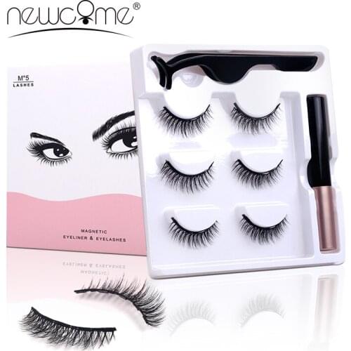Newcome 3 Pairs Magnetic Eyelashes Liquid Eyeliner Magnetic Eyelash Kit Eyelash With Natural Look Waterproof Long Lasting Lashes