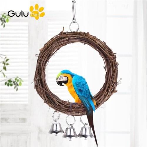 Bird Stand Playing Rack Parrot Toy Grass Wooden Rattan Swing Ring With Bell Hanging Toys