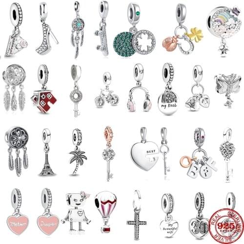 925 Sterling Silver Mother & Daughter Hearts Dangle Charms Pendant DIY fine beads Fit Original Pandora Charm Bracelet Jewelry