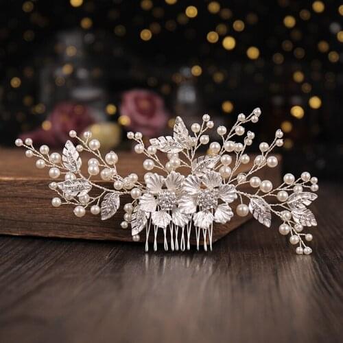 Silver Color Flower Pearl Rhinestone Hair Comb Headband Wedding Hair Accessories For Women Bride Tiara Headband Hair Jewelry