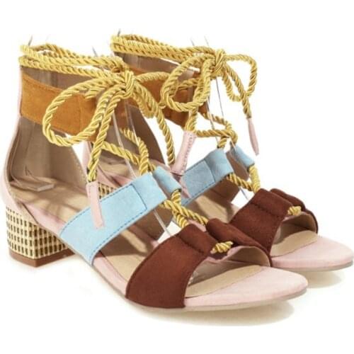 Sandalias Mujer 2021 Summer Women Lace Up Color Matching Open Toe Square High Heel Shoes Causal Sandals Plus Size 46 47 48 6607