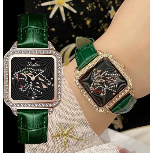 Unique Rose Gold Leopard Women Watches Stylish Creative Squar Dial Casual Lady Wristwatch Top Brand Leather Clock Gift Rhinstone