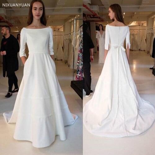 Vintage A-line Wedding Dress with Half Sleeves Scoop Neck White Ivory Satin Bridal Dresses Simple Vestido De Novia Sweep Train