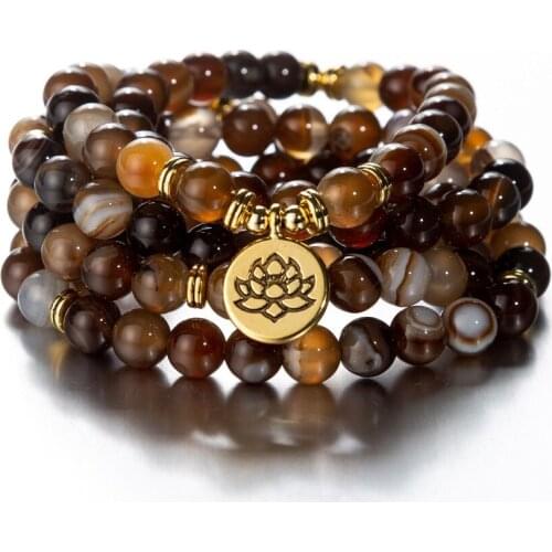 Bright Brown Line Onyx Stones Lotus Beaded Wrap Couple Meditation Yoga Bracelets Multi layer Stretchy Mala Prayer