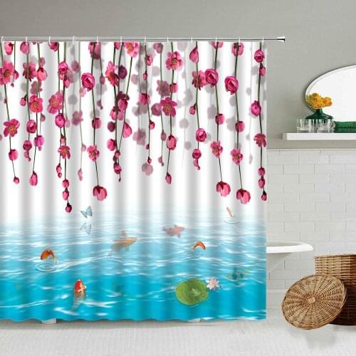 Flower Green Plant Leaf Rattan Shower Curtain Bathroom Waterproof Bath Screen Spring Rural Scenery White Background Decoration