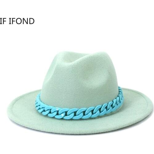 New 2022 Women Hats Winter Autumn Wool Fedora Hat With Candy Colour Thick Chain Band Wedding Party Church Hats
