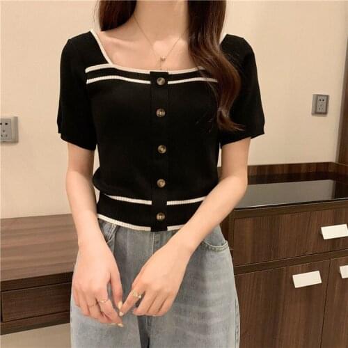 Woman TShirts Summer Short Sleeve Black Top 2021 Woman Square-Neck Sweater Crop Top Mujer Camisetas