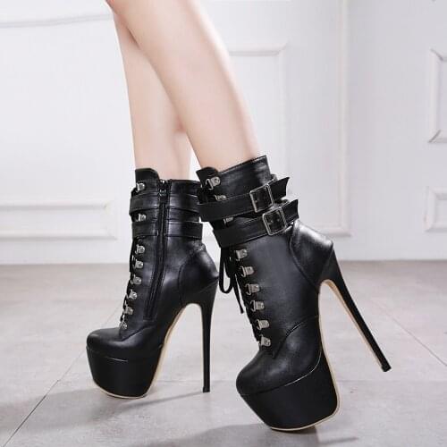 Slim Women 16 CM Super High Stiletto Heels 7 CM High Platform Boots Ladies Mesh Inside Lace-Up Metal Buckle Boots 191224