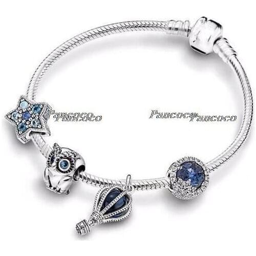 925 Sterling Silver Polished Moonlight Blue Crystal Air Balloon Pendant Beaded Bracelet For Women Wedding Gift Fashion Jewelry
