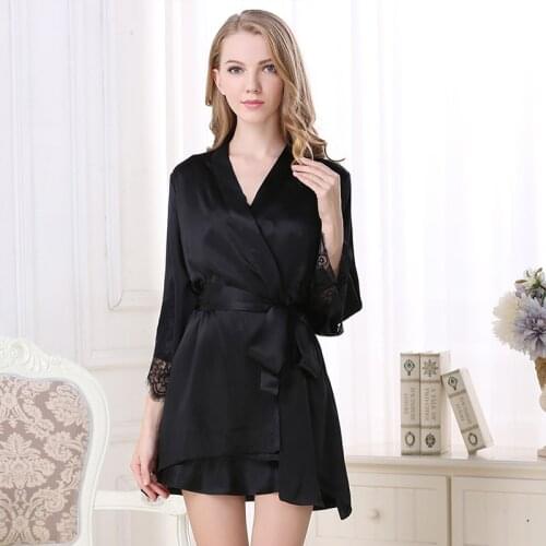 100% Mulberry Natural Silk Women Robe & Gown Sets with Sash Lace Elegant Ladies Bathrobe Robe and Sexy Sleep Gown sp0124