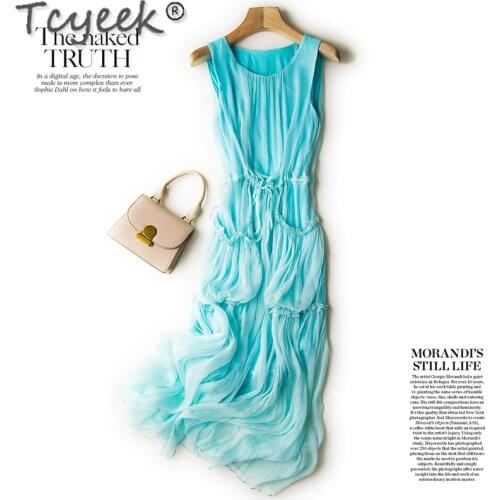Tcyeek Vintage Boho Dresses for Women Clothes Real Silk Summer Dress Woman Dress Elegant Sleeveless Long Party Dresses Vestidos