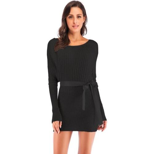 Dress with long sleeves casual womens dresses Black slim bag buttocks bat shirt stitch korean fashion Vintage clothing