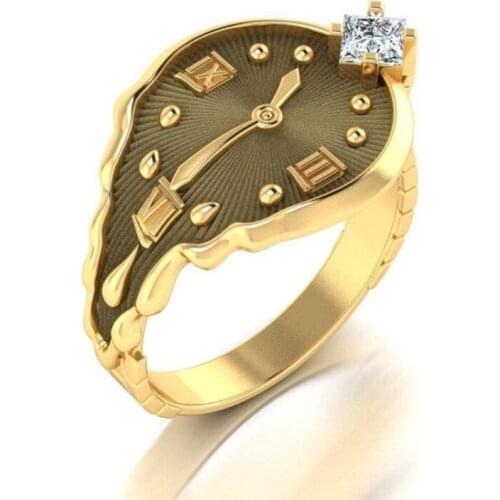 Creative Golden Silver Color Clock Crystal Ring For Women Fashion Party Jewelry Hand Accessories Size 5-11