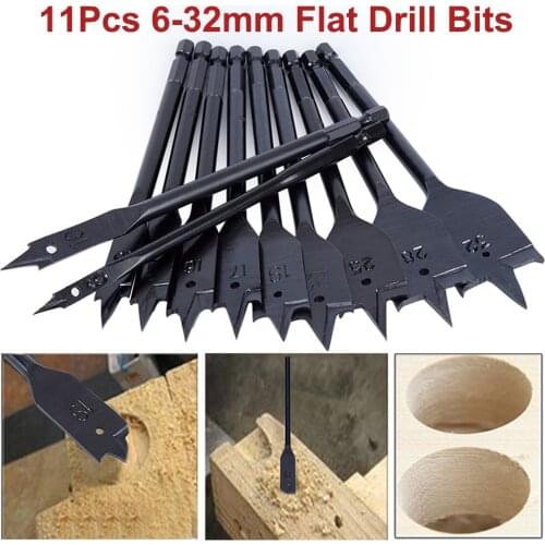 11pcs Spade Drill Bit Set Black Coated 6-32mm Paddle Flat Bits High Carbon 1/4 Inch Woodworking Hole Cutter Bits