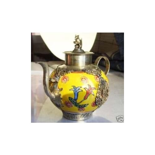 2pcs Classic Anime Vintage Tibetan silver teapot flower china Garden Decoration 100% Tibetan silver Bronzeroom Art Statue