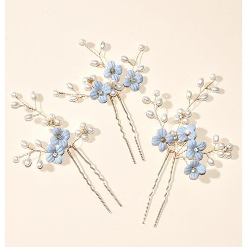 3pcs Blue Flower U Shaped Hair Pins Pearl Elegant Headwear for Wedding Bridal Women Hair Jewelry Accessories BH
