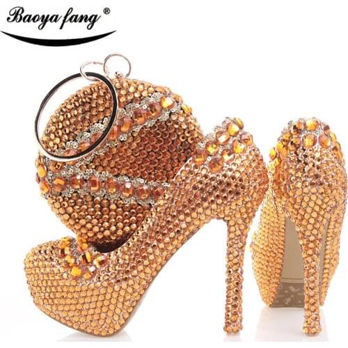BaoYaFang Orange crystal Womens Wedding shoes with macthing bags high heels platform shoes and purse woman High shoes
