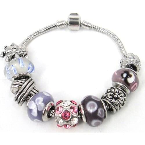 Free shipping European style thread glass beads and cz Metal charm bracelet
