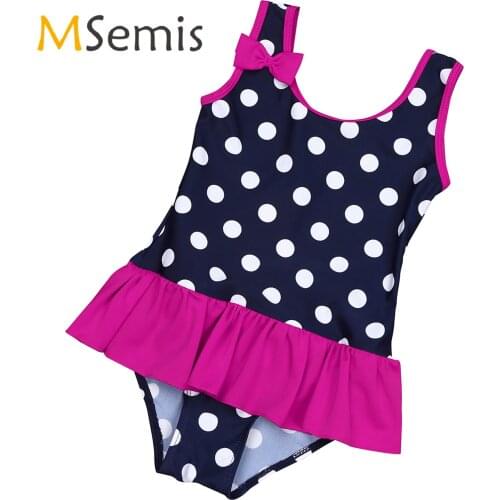 Kids Girls Swimsuit One-piece Sleeveless Polka Dots Ruffles Swimwear SZ 0 Months-3 Years Beachwear Childrens Swimming Suit