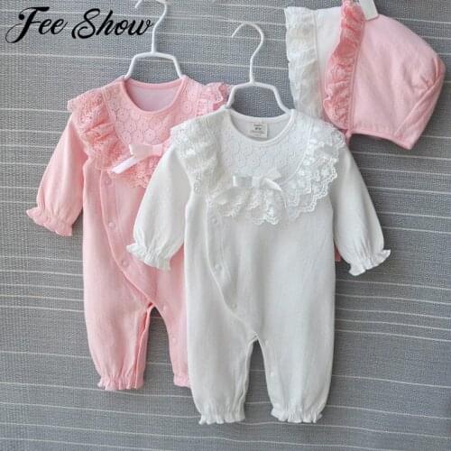 FEESHOW Princess Cotton Newborn Baby Girl Clothes Lace Bow Jumpsuit Spring Autumn Infant Girls Clothing Sets Bodysuit+ Hats
