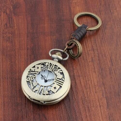 Pocket Watch Keychain Alice in Wonderland Theme Bronze Quartz Vintage Fob Watches Leather Key Ring Women Men Christmas Gift