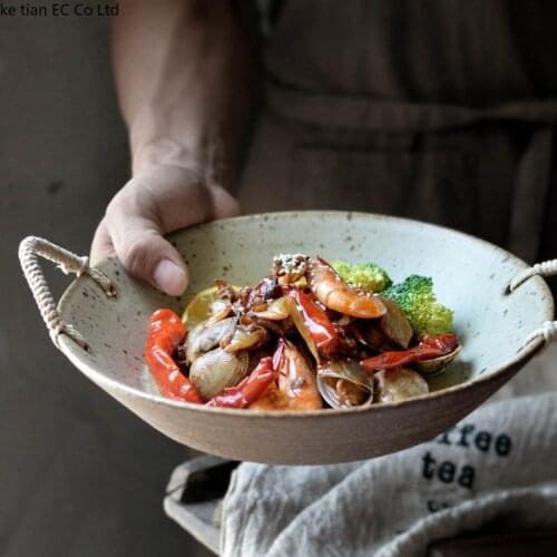 Ceramic Double Ear Plate Handmade Retro Fruit Snack Plate with Hemp Rope Handle Household Stoneware Bowls and Kitchen Tableware