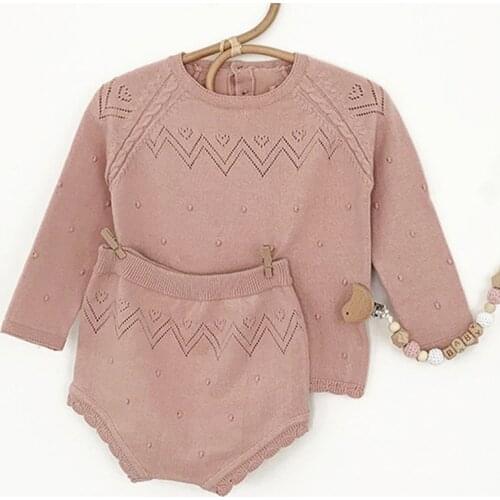 Girl Sets Knitted Baby Clothes 2021 Baby Clothes Infant Baby Boys Girls Long Sleeve Hollow Out Pure Color Suit Clothing Sets