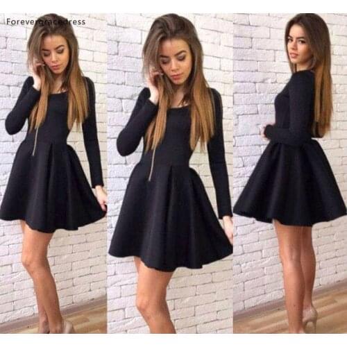 Short Black Long Sleeves Cocktail Dresses A Line Juniors Club Wear Graduation Homecoming Party Gowns Plus Size Custom Made