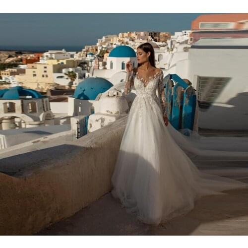 Lace Appliques Beach Wedding Dress A-Line V-Neck Full Sleeves Floor-length Chapel Train Romantic Bridal Gowns Robe De Mariee