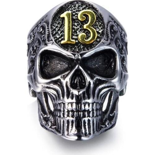 New Exaggerated Skull Head Ring Hip Hop Mens Ring Horror Skull Number 13 Metal Ring Accessories Party Jewelry