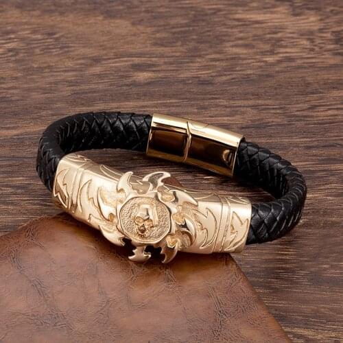 Men Punk Bracelet Magnetic Buckle Rock Gold Skull Bangles Cow Leather Accessories Charm Bracelets Stainless Steel Jewelry Gifts