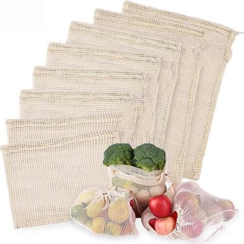 Organic Cotton Drawstring Shopping Mesh Bag Reusable Mesh Produce Bags Eco-friendly Vegetable Fruit Shopping Bag with Drawstring