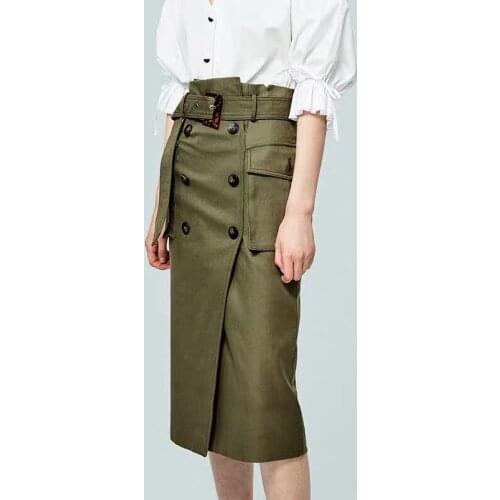 Safari Style Pocket 10.22 Double Breasted Back Zipper Women With Belt Slim Midi Skirt Fashion Temperament 2021 New