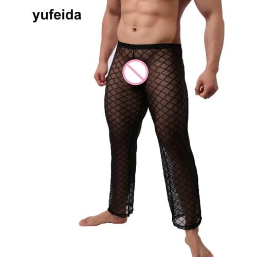 Sexy Men Long Johns Long Pants Underwear Full Length Mesh Transparent Sleepwear Nightwear Pants Sexy Long Trousers Casual Pants