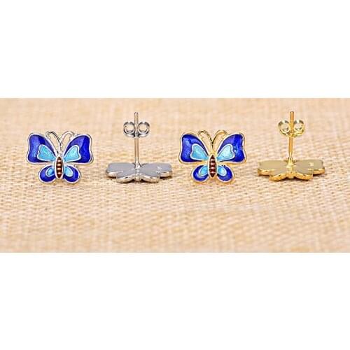 Ethnic Style S925 Silver Butterfly Stud Earrings Cloisonne Blue Enamel Earrings Fashion Temperament Party Earrings Fine Jewelry