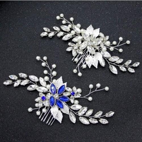Handmade Elegant Blue Rhinestone Wedding Hair Ornaments Simulated Pearl Barrettes Bridal Hair Combs Accessories For Girlfriend