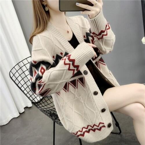 Vintage Jacquard Cardigan Women Coat Loose Korean Knitted Cardigan 2021 Spring Autumn V-neck Long Sleeve Jacket Female Tops