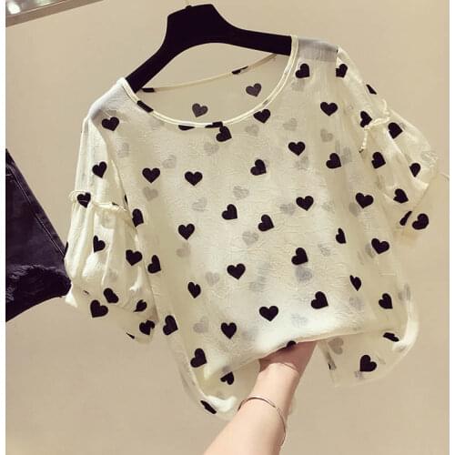 Chiffon shirt womens short-sleeved 2021 new spring and summer Korean style loose round neck blouse with wooden ears