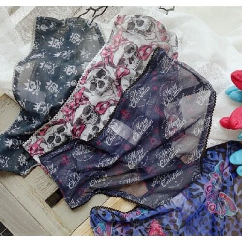 Sexy figi damskie panties women retro printed pink bow skull mesh ultra-thin cotton crotch underwear seamless low waist briefs