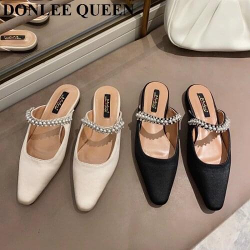 New Women Mules Slippers Flat Shoes Spring Summer Slip On Slides Brand Pearl Loafer Flip Flops Outdoor Slippers Zapatillas Mujer