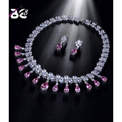 Be 8 Beautiful Sparkling Water Drop Cubic Zirconia Full Jewelry Set Women Bridal Gifts Pink Color Earring Necklace Set YC010