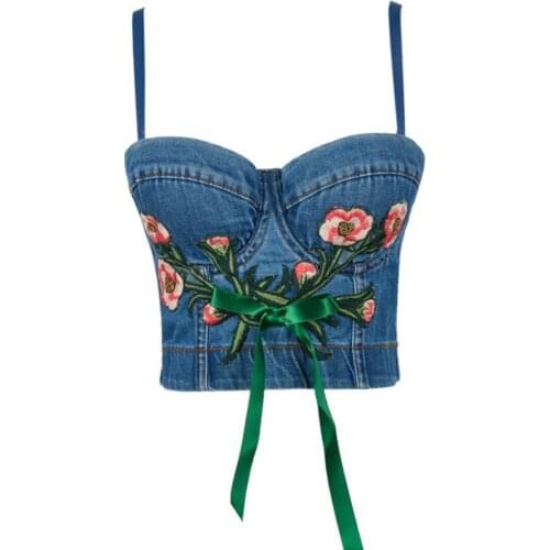 Embroidery Denim Flower Ties Push Up Bustier Womens Bralette Cropped Top denim Vest Plus Size