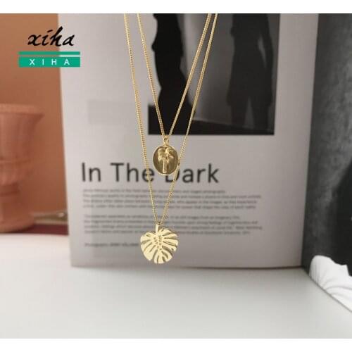 XIHA 925 Sterling Silver Gold Choker Necklace for Women Leaves Round Tag Double Layered Necklaces Chunky Boho Statement Jewelry