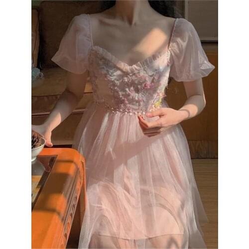 Hstar V-neck French Strap Fairy Dress 2021 Summer Pink Floral Dresses Women Elegant Princess Casual Fit Chic Midi Boho Dress