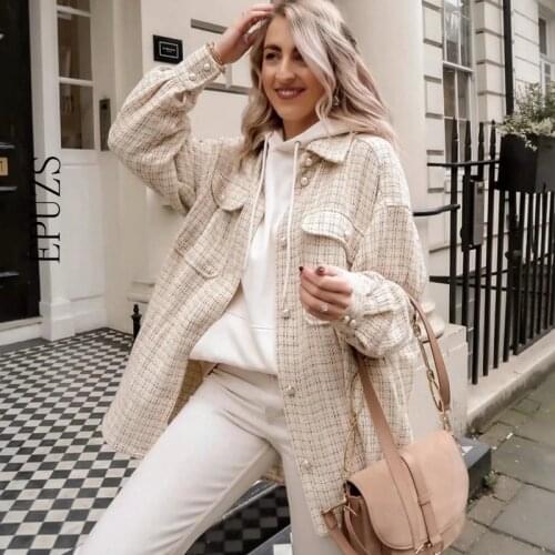 Winter oversize Plaid jacket women coat vintage Pearl button coat and jacket casual jacket female shirt coat 2020