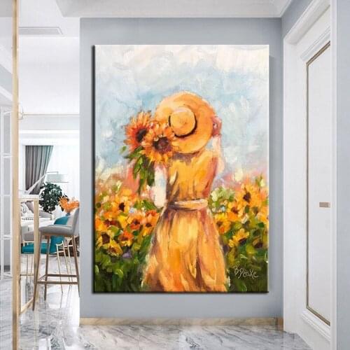 100% Hand Painted Canvas Art Girl Oil Paintings Modern Yellow Abstract Decoration Wall Art Living Room Decor no Framed Pictures