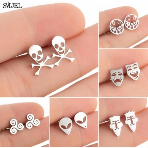 2021 Trend Skull Earring Evil Smile Earrings Halloween Skeleton Ear Piercing Jewelry Alien Human Face for Men Christmas Gifts