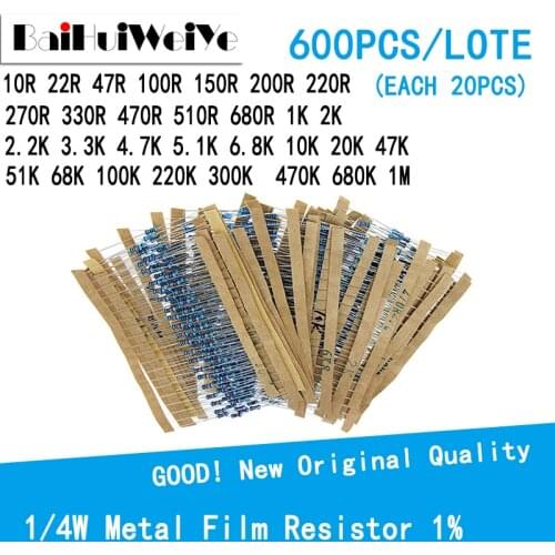600PCS/LOTE 1/4W 1% Metal Film Resistor 30 Kinds Each Value Metal Film Resistor Assortment Kit resistors 100R 1K 47K 10K 100K 4K